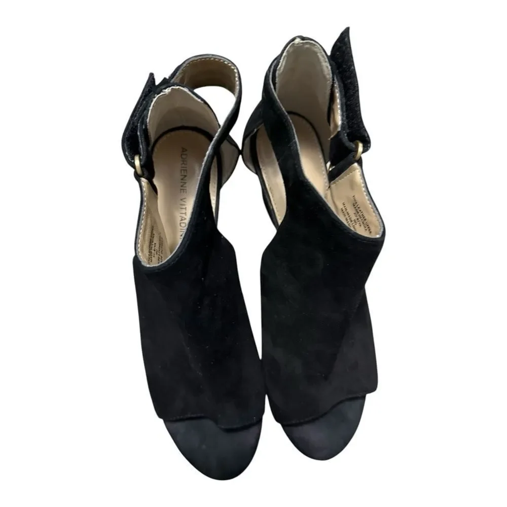Adrienne Vittadini NELO Open Heel/ Toe Black suede, wedge heel size 9